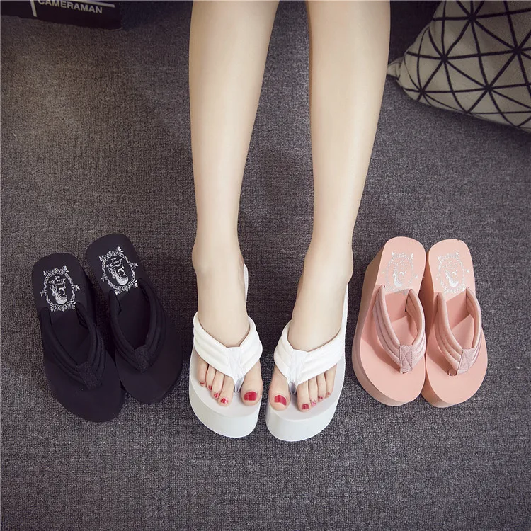 Slippers Women Summer Platform Med Rubber Flip Flops On A Wedge Slides Beach Shoes Heeled Mules Hawaiian Sabot High PU Fabric