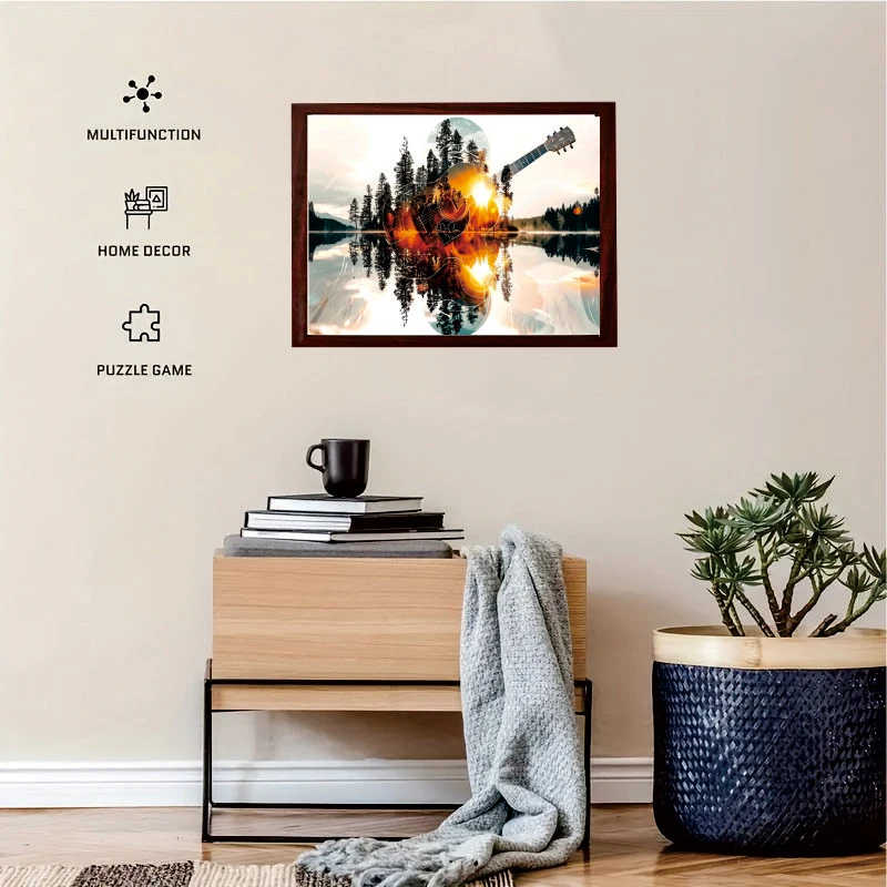 Jeu de puzzle en bois avancé pour adultes - Réflexion de lac et scènes de guitare et de forêt, bois épais et durable, couleur coucher de soleil vibrante, bord sans couture - Anniversaire, Thanksgiving, Pâques, thème naturel et musical, activités créatives de divertissement à domicile, idées cadeaux de vacances