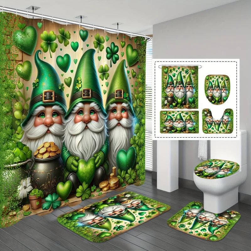 1/4pcs Green Clover Gnomes Pattern Shower Curtain Set, Waterproof Shower Curtain With 12 Hooks, Non-Slip Bath Rug, U-Shape Mat,