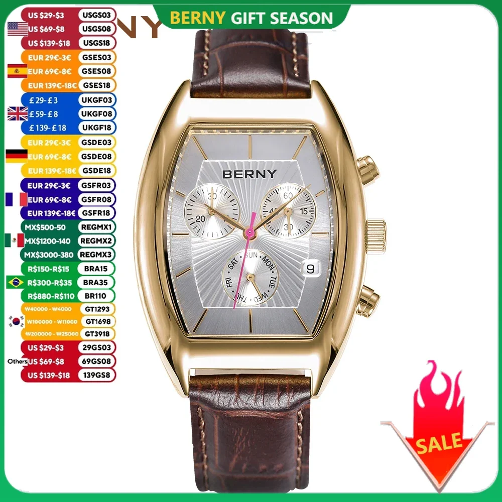 BERNY Men\'s Watch  Classic Tonneau Quartz Chronograph Watches for Men Multifunction Dial Vintage Business Dress Wristwatch