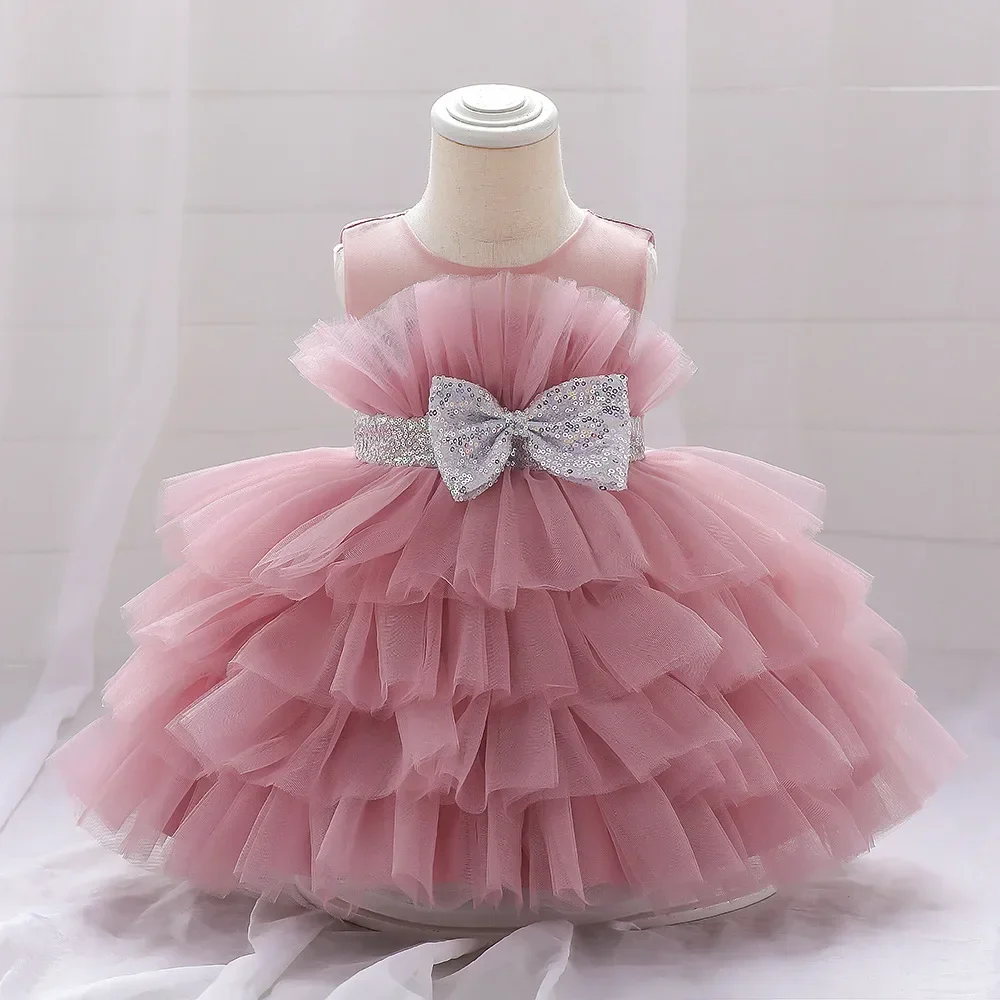 Baby Summer Dress 1 Year Puffy Pink Kids Bow Christening Princess Brithday Vestidos Toddler Children Baptism Baby Girl Clothes