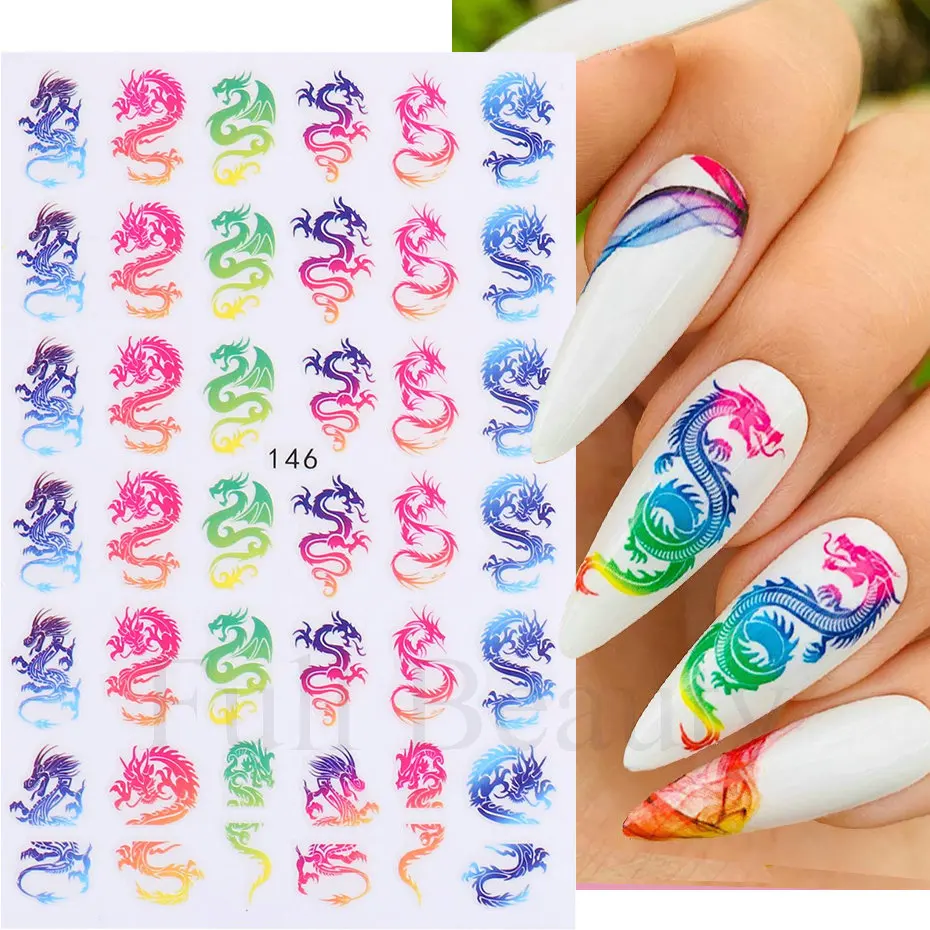 Black Snake Gragon Nail Art Stickers 3D Decals Flowers Animals Dinosaur Eye Nail Sticker Adhesive Sliders Decorations Manicure