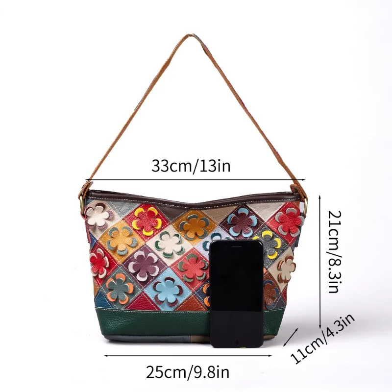 Vintage Sophisticated Everyday Crossbody Bag for Women Genuine Leather Handmade Quilted Flower Design Shoulder Bag Luxury