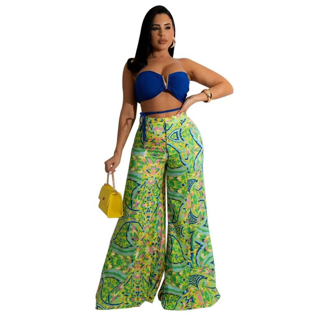 

Women's V-neck Tube Top And Wide Leg Trousers Set Casual Fashion Print Suit European And American Style
