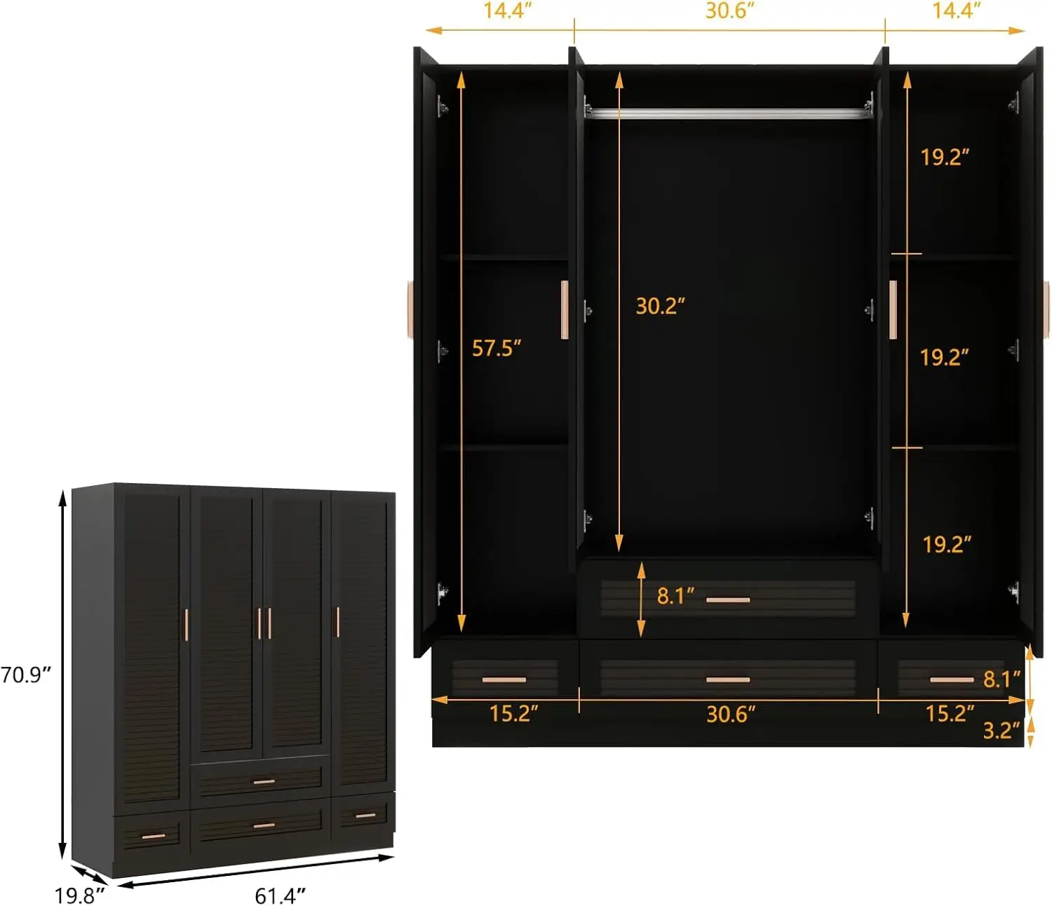Wooden Armoire Wardrobe Closet Black Large Capacity Tall Cabinet, Hanging Rods and Shelves for Bedroom Armoire Storage image 3
