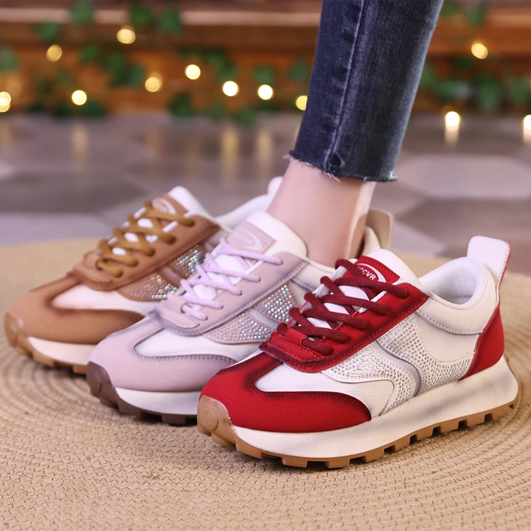 Leisure Sneakers Women Trendy 2024 Spring New Bright Diamond Lace Up Low Top Shoes Lady Non Slip Versatile Sports Casual Shoes