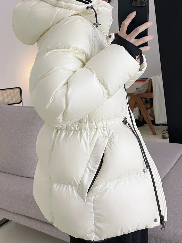 Women Vintage Warm Standing Collar Hoodie White Duck Down Jackets 2024 Winter Korean Fashion Fluffy Bread Coats Streetwear