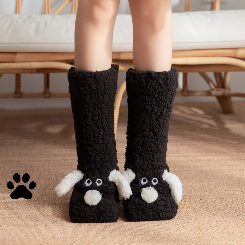 1Pair Winter Women's Ultra-Soft Cute Puppy Patterned Floor Socks Cartoon Animal Plush Warm Socks for Home Leisure or Sleeping