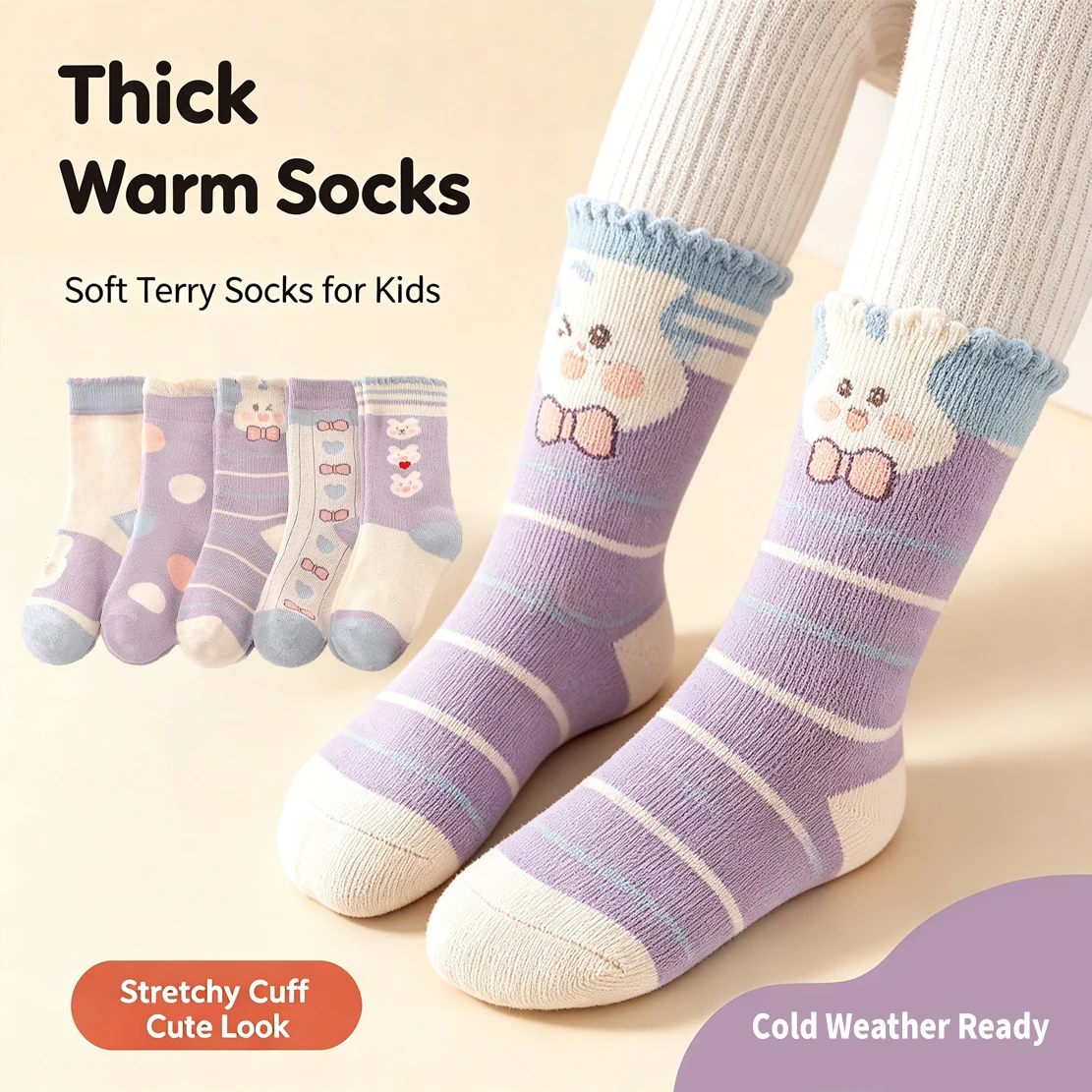 5 Paar Kinder-Frotteesocken, Winter, dick, warm, mittelhohe Socken, mit niedlichem Cartoon-Motiv (Hase, Bär), dehnbar, weich, für Mädchen. – Detail 3