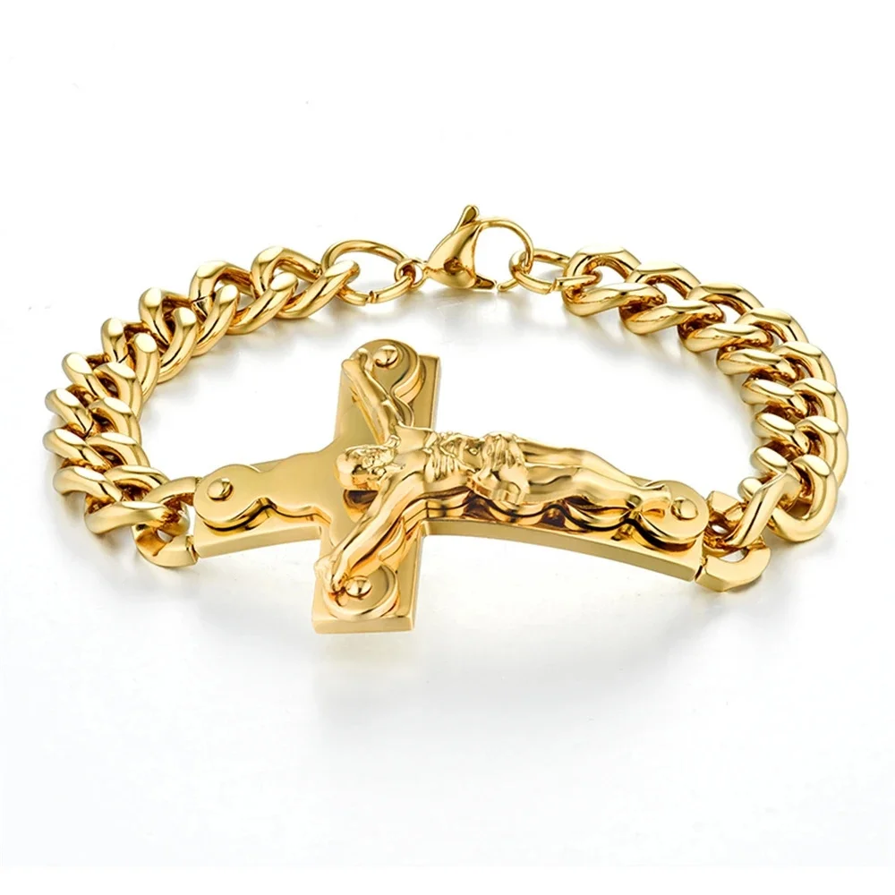 

Punk Crucifix Jesus Cross Charm Bracelet Male Gold Color Stainless Steel Cuban Hand Chain For Men Fashion Party Jewelry Gift