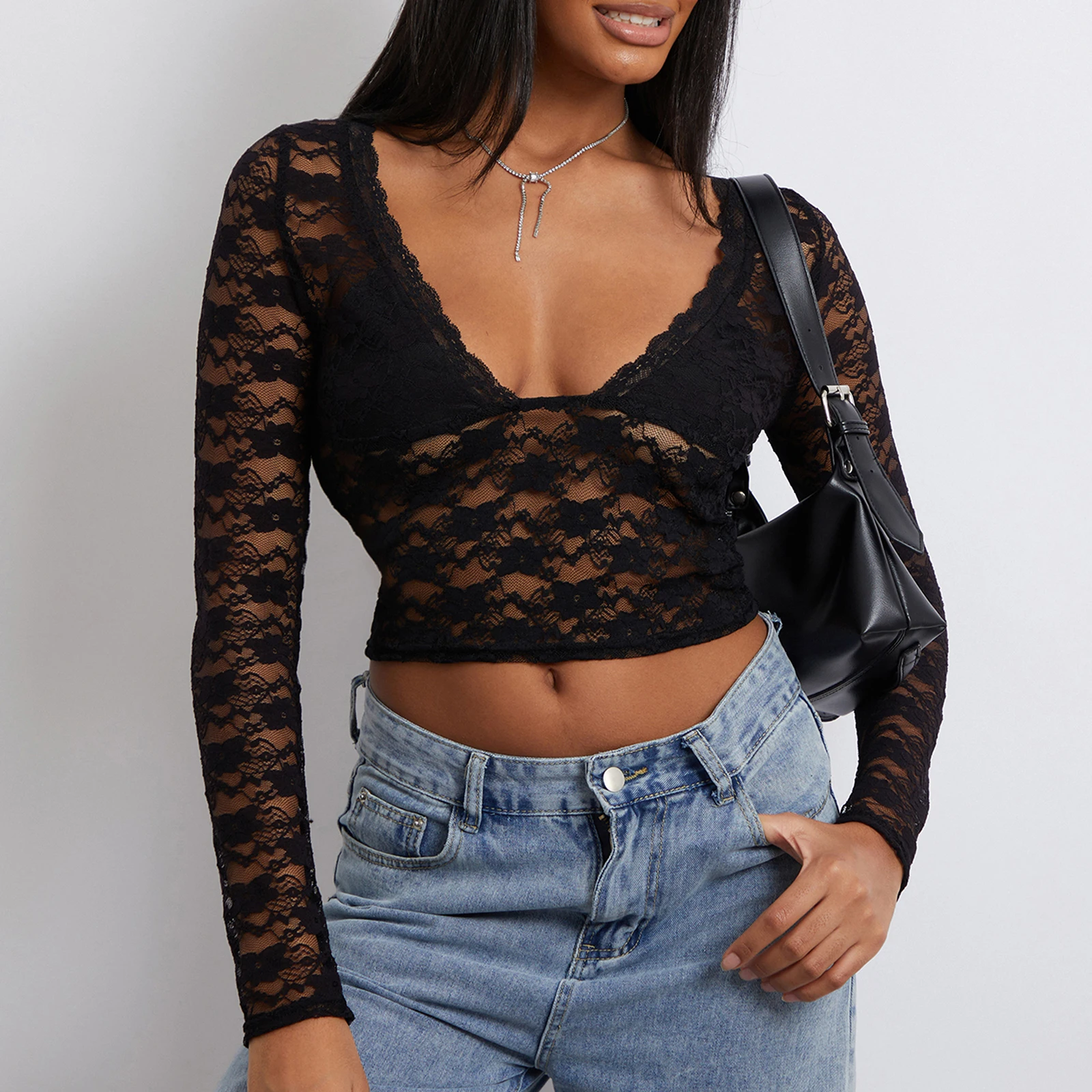 Dames Tube Top Lente Zomer Crop Tops Zwart Lange Mouw V-Hals Doorschijnende Kanten Gebloemd T-Shirt Streetwear Casual Outfits Y 2K