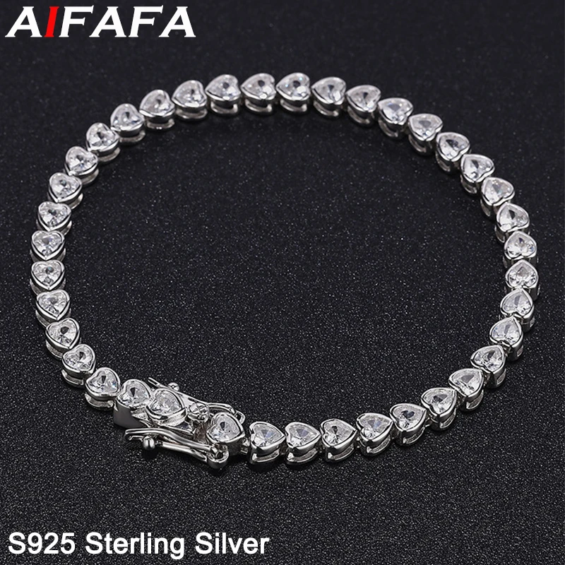 

AIFAFA 100% S925 Pure Silver Chain Bracelets Heart Sparkling High Carbon Diamond Hand Cuff Bangle Jewelry For Women Lady Girl