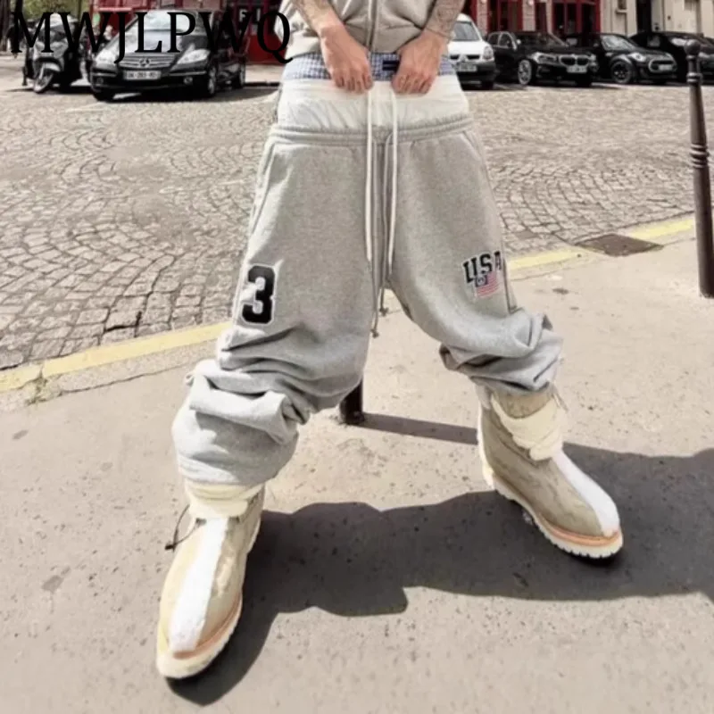 

MWJLPWQ поддельные спортивные штаны с тремя талией и вышивкой букв, мужские повседневные спортивные широкие брюки в стиле пэчворк на шнурке, осень 12425