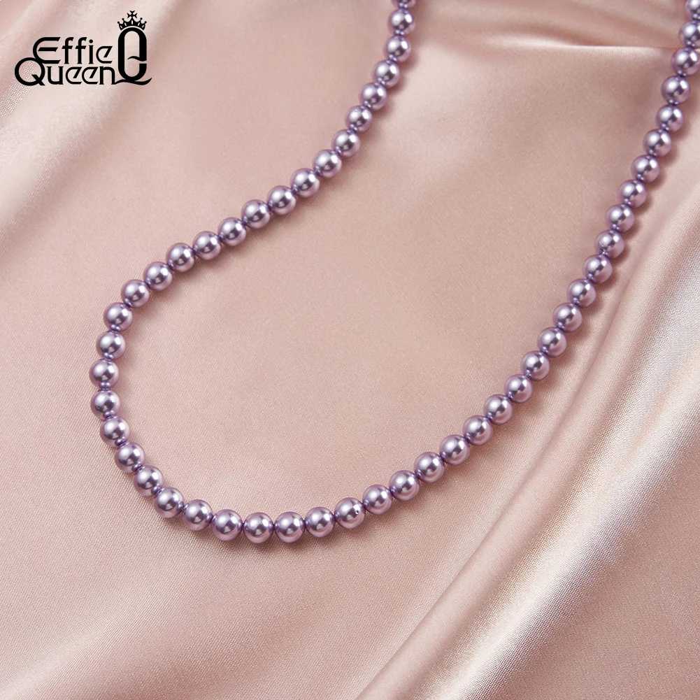 EFFIE QUEEN Elegant 925 Silver Shell Pearls Beaded Necklace 6mm Round Beads Chain for Women Valentine's Fashion Necklace PSN04