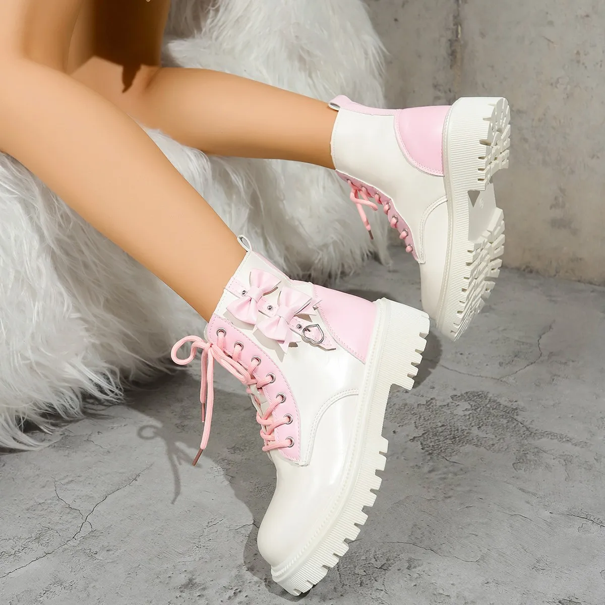 Süße rosa Schleife, gemischte Farben, Stiefeletten für Damen, 2025, Herbst, dicker Boden, Schnürstiefel, Süßigkeiten, Punk, Metalldekoration, Booties, Größe 42
