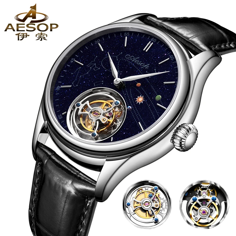 Aesop Flying Tourbillon Movement Original Watch Sapphire Fashion Men's Watch Blue Sandstone Dial Mechanical Watches For Men 7025