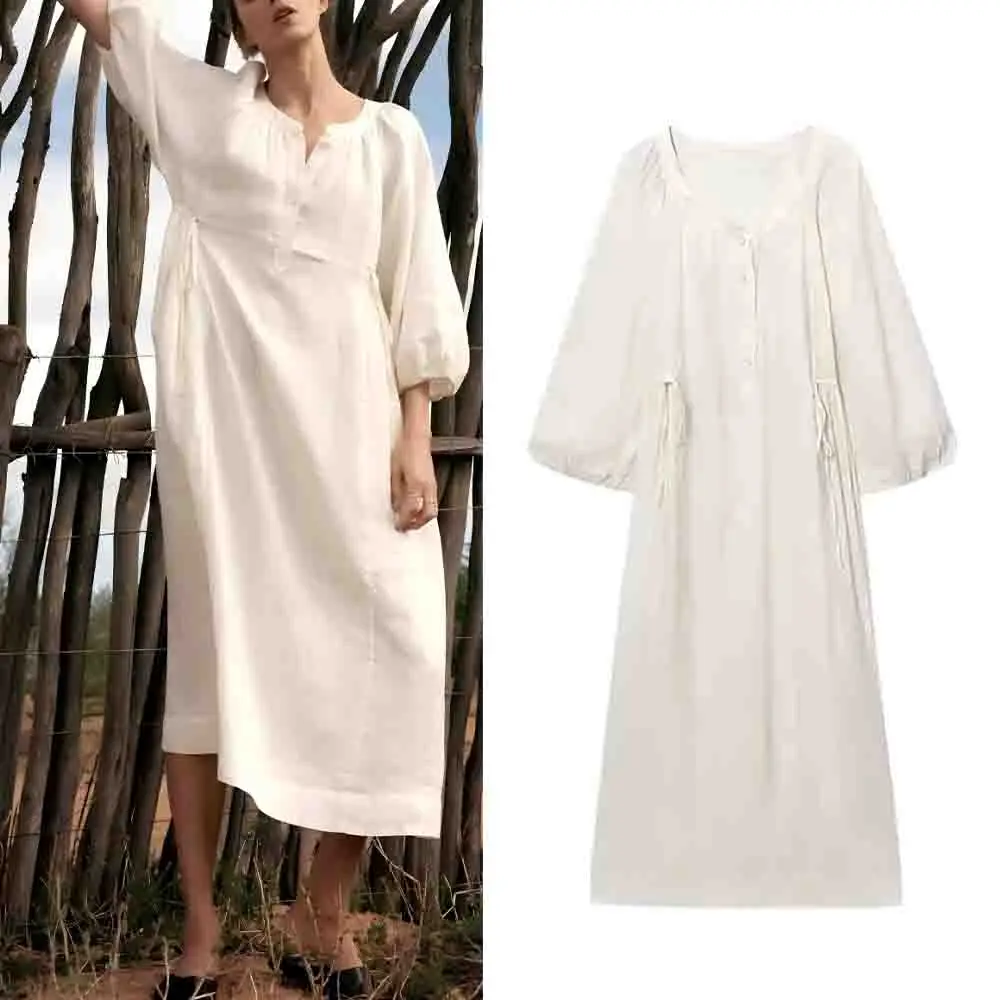 

Women's new fashion lace up decoration loose cotton linen blend shirt style dress retro long sleeved button up women's dress