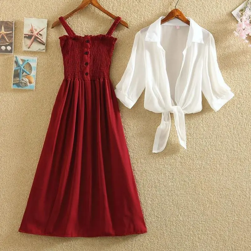 French Vintage Two Piece Set Summer Women Short Jacket Coat + Midi Dress Suits Casual Ladies 2 Piece Set