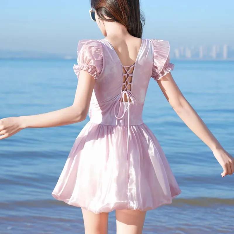 Traje de baño bonito estilo falda de pastel púrpura Pricess de Lolita para mujer, traje de baño de una pieza, trajes de baño, vestido de playa para nadar