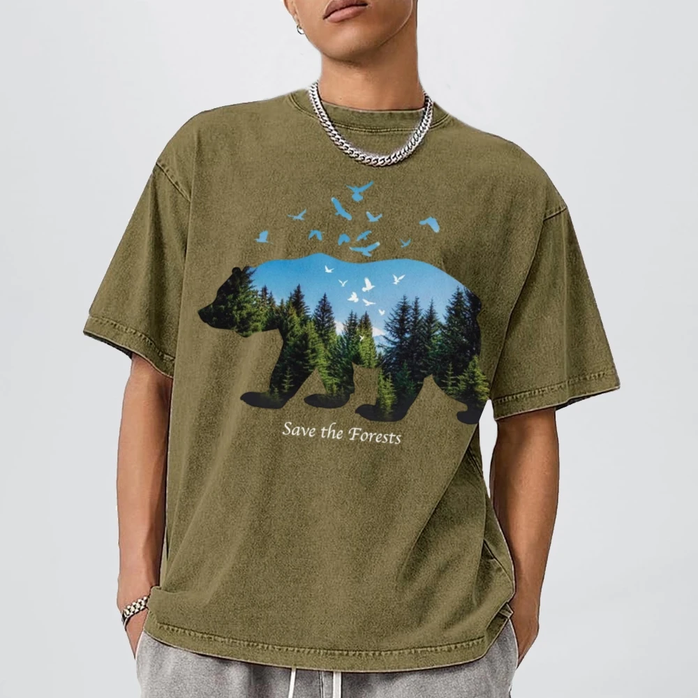 Forest Bear Silhouette Print T-Shirt Retro Shoulder Washed Denim Men And Women Same Style Designer New Trend Short Sleeves