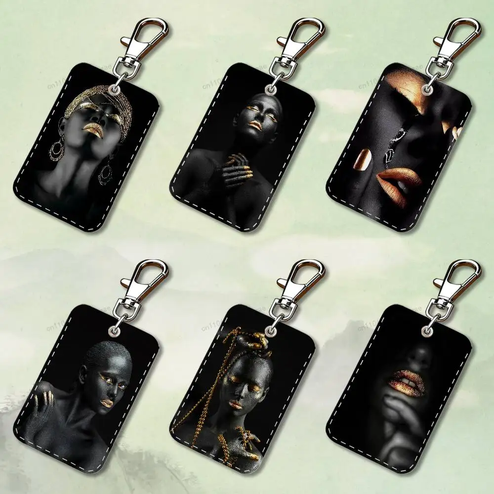 

Black Skin Woman Golden Makeup Custom Access Card Case Leather Card Holder Keychain Key Ring Transportation Card Case Gifts