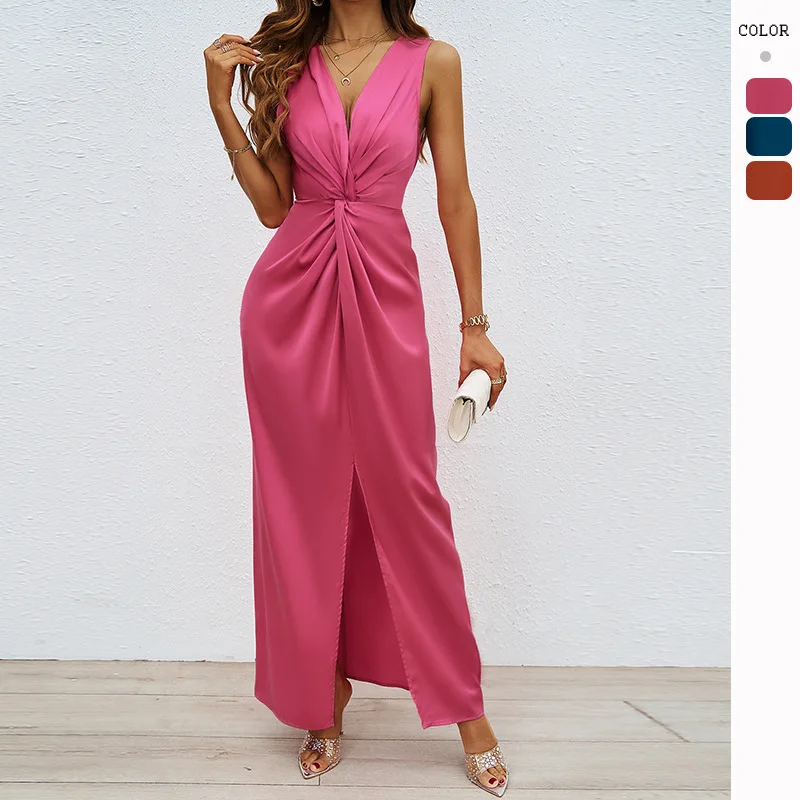 Women's Elegant Twist SleevelessVCollar Slit Dress, Slim-Fitting Temperament Dress, Summer, HMR-2024Summer