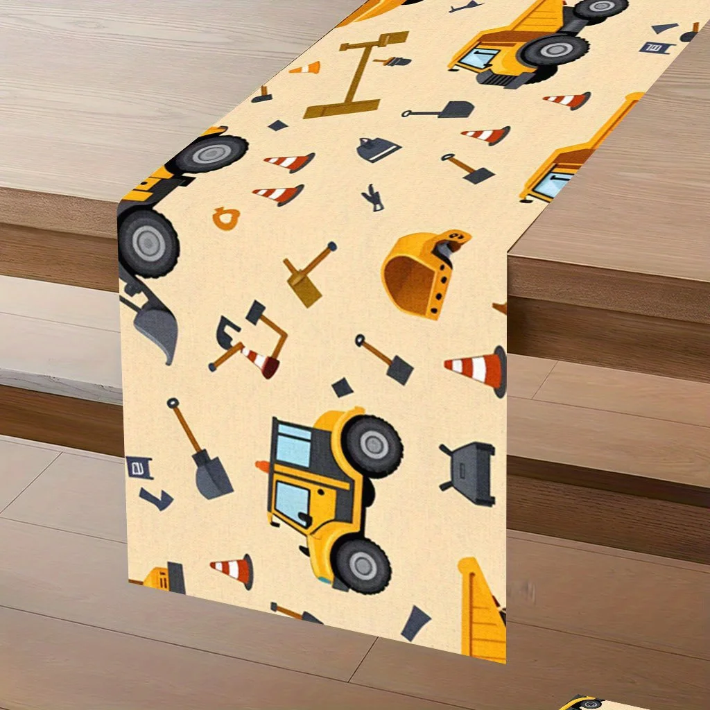 Vibrant Construction Vehicles Tools Table Runner - Cute Truck Tractor Motif Decoration for Wedding New Year Holiday Party