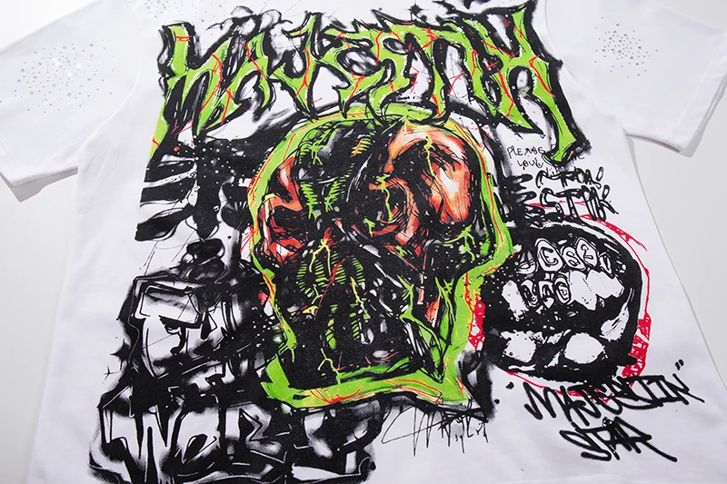 Übergroße Gewaschene Weiße T-Shirts für Herren Vintage Glänzender Diamant-Graffiti-Druck Relaxed Fit Hip Hop Urban Streetwear T-Shirt Top – Detail 14