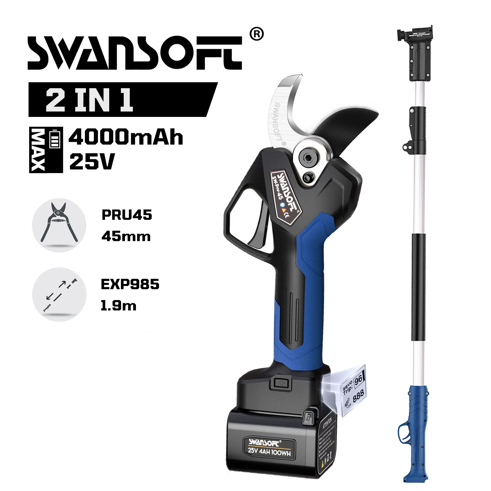 SWANSOFT 2 en 1 PRU45 cisaille électrique et kit combiné à long pôle cisailles de taille professionnelles, longue portée de 1.9 m pour le rainure d'olive