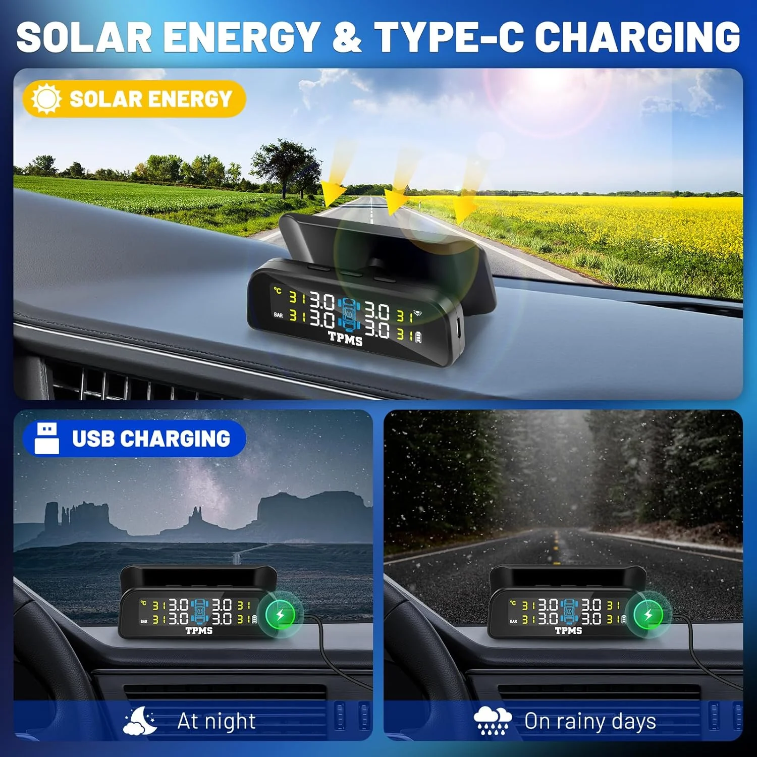 Tire Pressure Monitoring System with Solar Charge LCD Display Real TimeTPMS with 4 External Sensors For Car RV SUV MPV Truck - Image 4