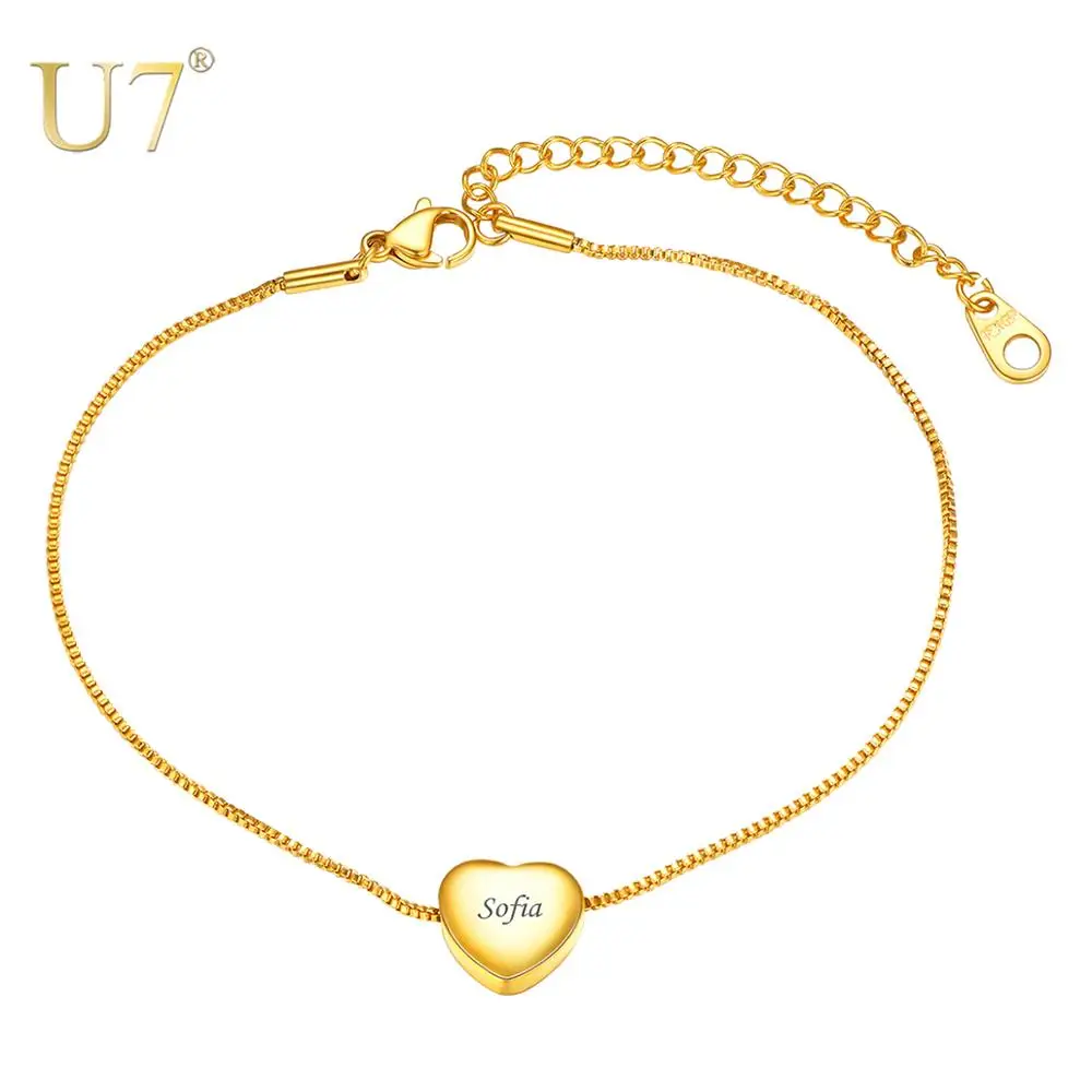 U7 Personalized Women Girls Tiny Heart Anklets with Reziable Chains Stainless Steel Jewelry Name Engraving Valentines Gift Idea