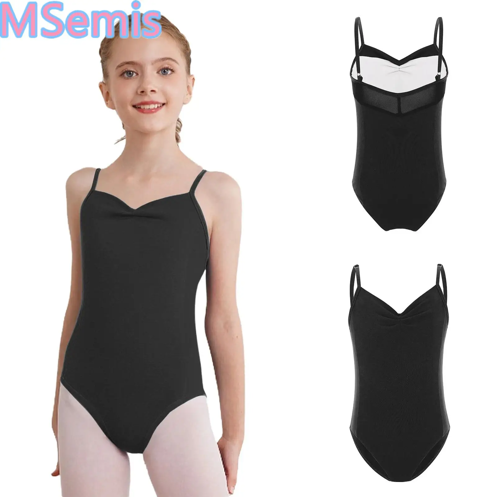 

Kids Girls Ballet Dance Leotard Sleeveless Backless Adjustable Spaghetti Straps Ruched Bodysuit for Gymnastics Performance