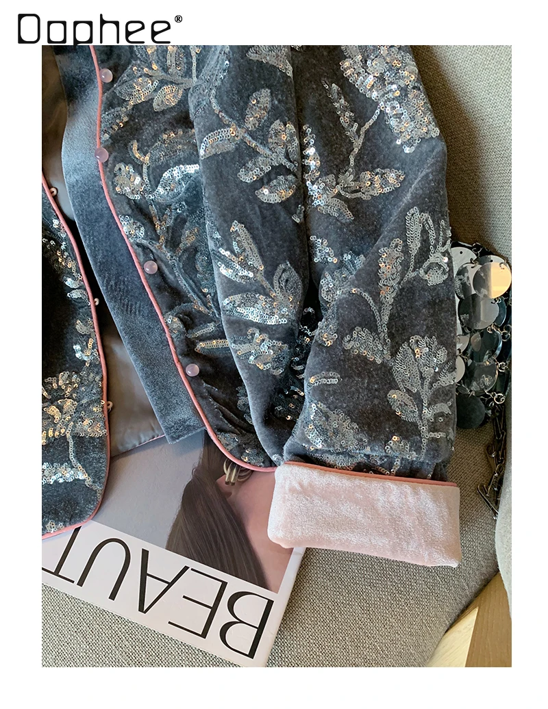 Heavy Industry Sequin Velvet Embroidered Jackets for Women 2025 Autumn New High-end Elegant Single-breasted Loose Casual Jacket