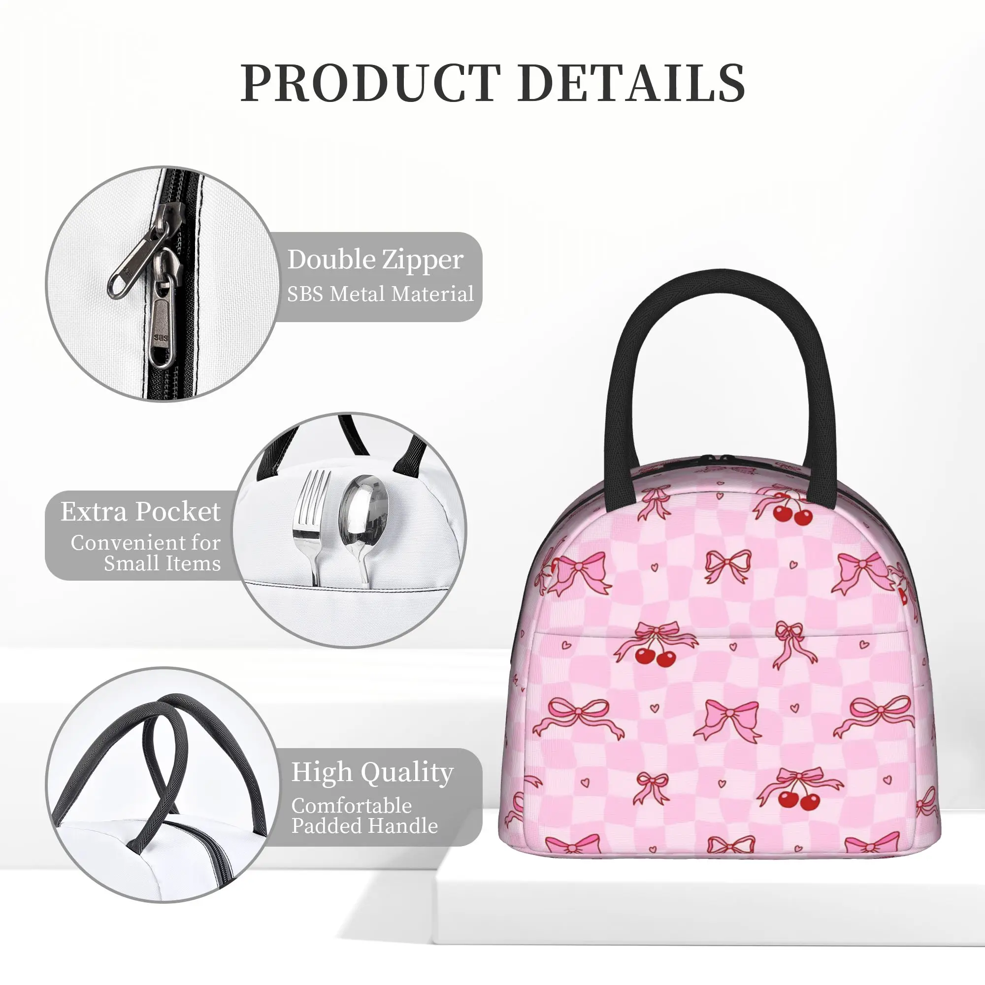 Cute Pink Checkered Insulated Lunch Bag High Capacity Pink Bow Cherry Pattern Reusable Thermal Bag Tote Lunch Box School Travel