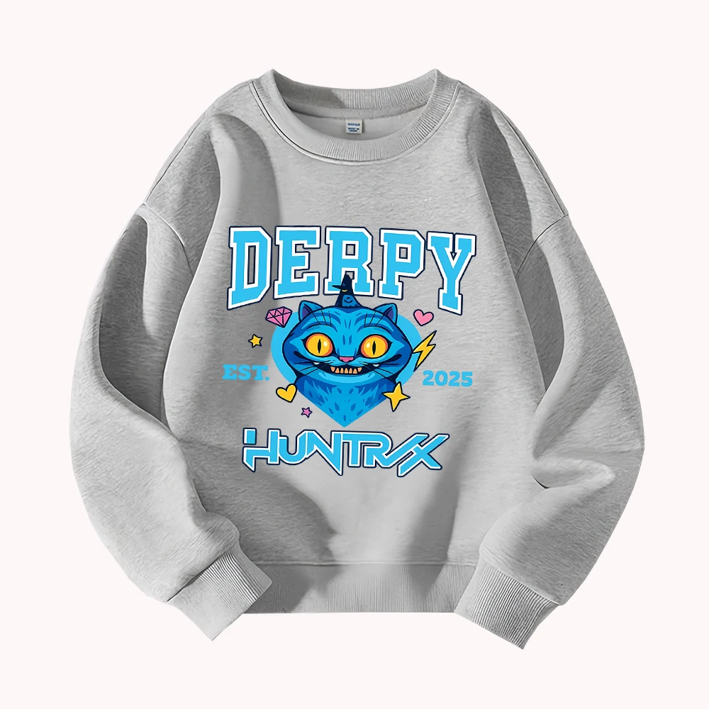 Derpy Huntrex Cat البلوز للنساء الرجال لطيف الكرتون الجرافيك كنزة قطيفة 2025 العصرية الشارع الشهير موضة عادية للجنسين