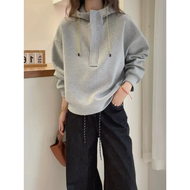 

Корейская весна и осень, новая однотонная свободная толстовка с капюшоном, женский повседневный и универсальный пуловер с длинными рукавами, топ