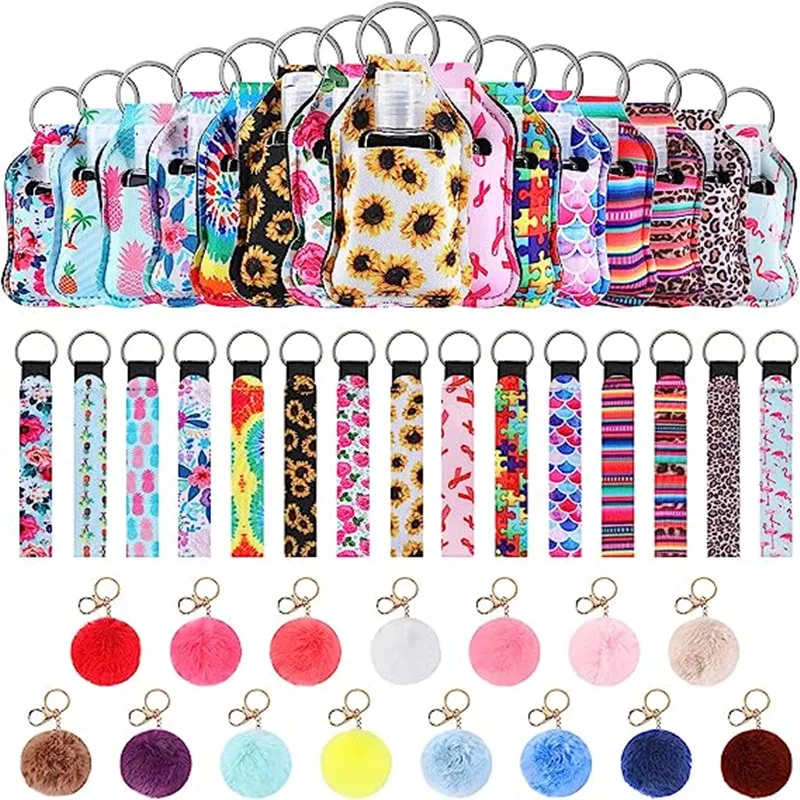 60pieces Travel Bottle Keychain Holders Set Faux Fur Ball Pom Poms Keychains for Handbag Purse Fluffy Ball Key Chains