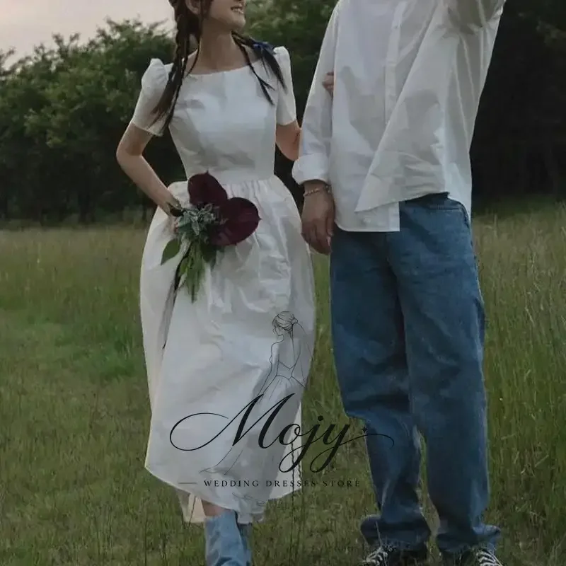 Mojy Newest Fashion Wedding Dresses Sexy Backless Birthday Party Dress Simple A-line Bridal Dresses With Short Sleeve Customized