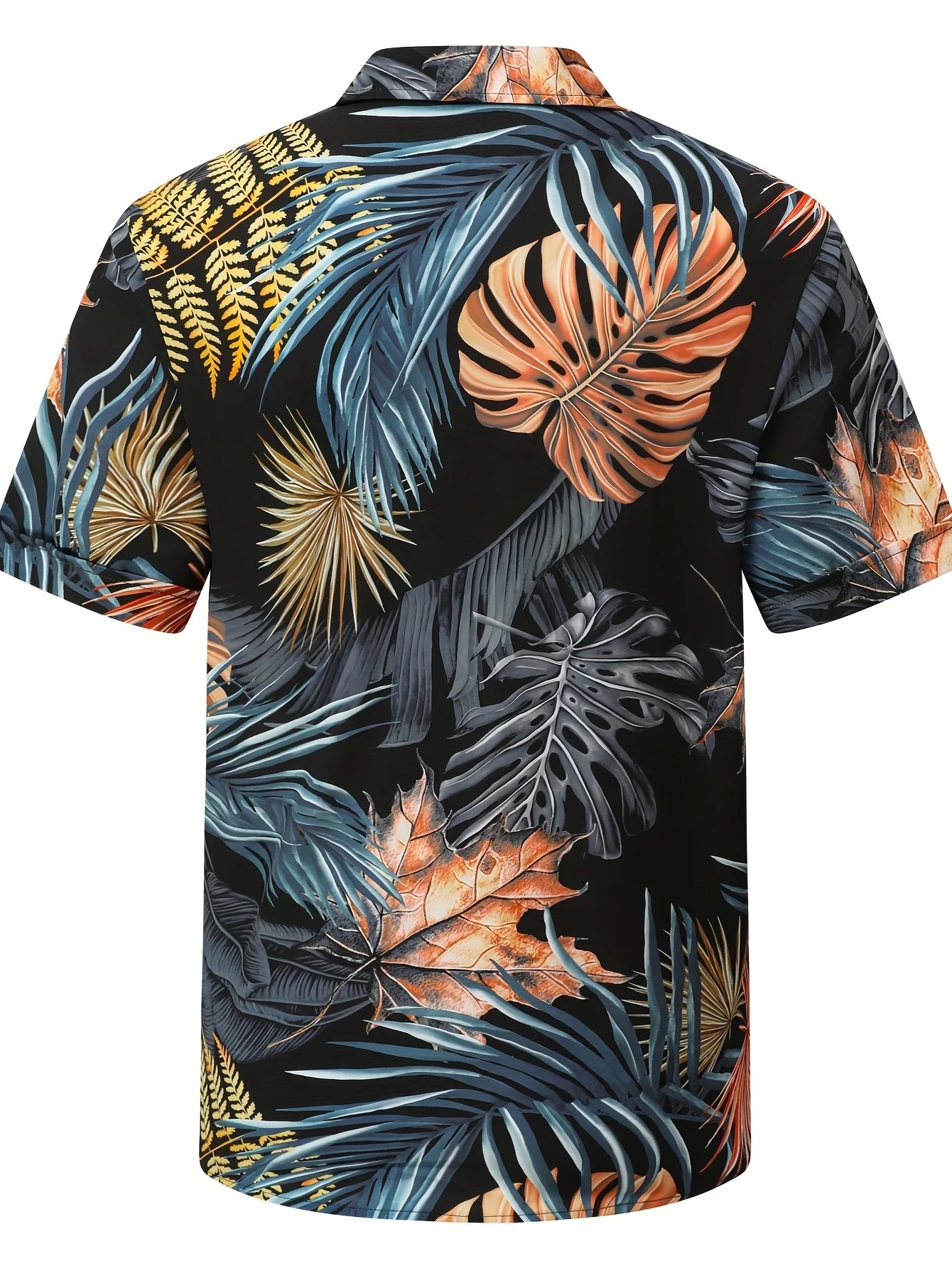 Men Black Colorful Tropical Monstera Leaf Hawaiian Vacation Cuban Collar Shirt