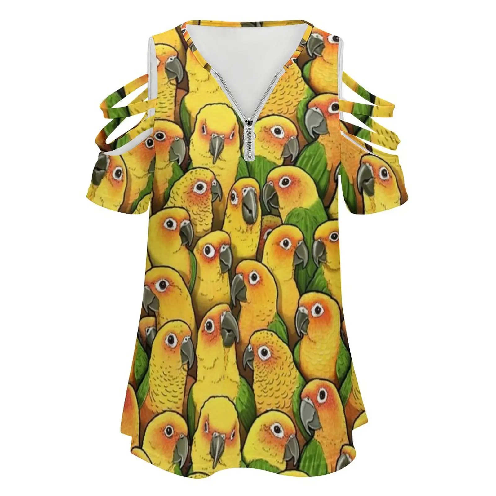 Jenday Conures Women'S T-Shirt Summer Fashion Print Floral V-Neck Zipper Tshirt Hollow Pullover Ladies Top Jandaya Parakeet