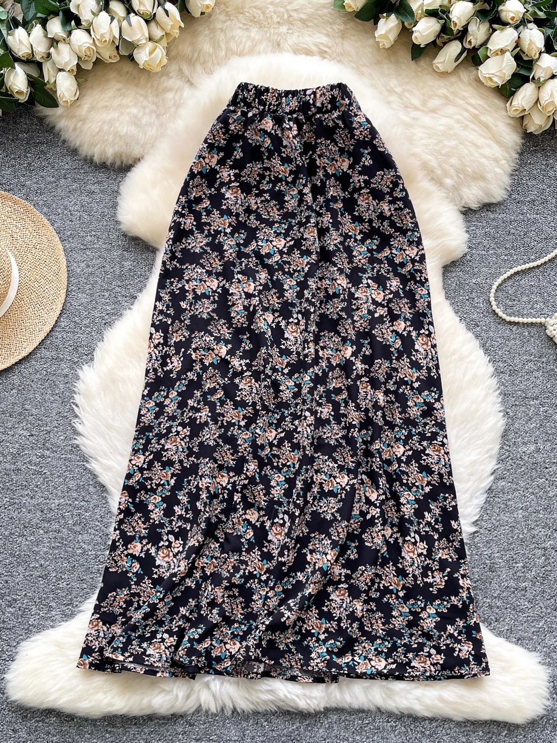 

Korean Sle High Waist A-Line Midi Skirt Floral Print Conceal Hip Commuter Women's Faion Spring Season Polyester Fiber