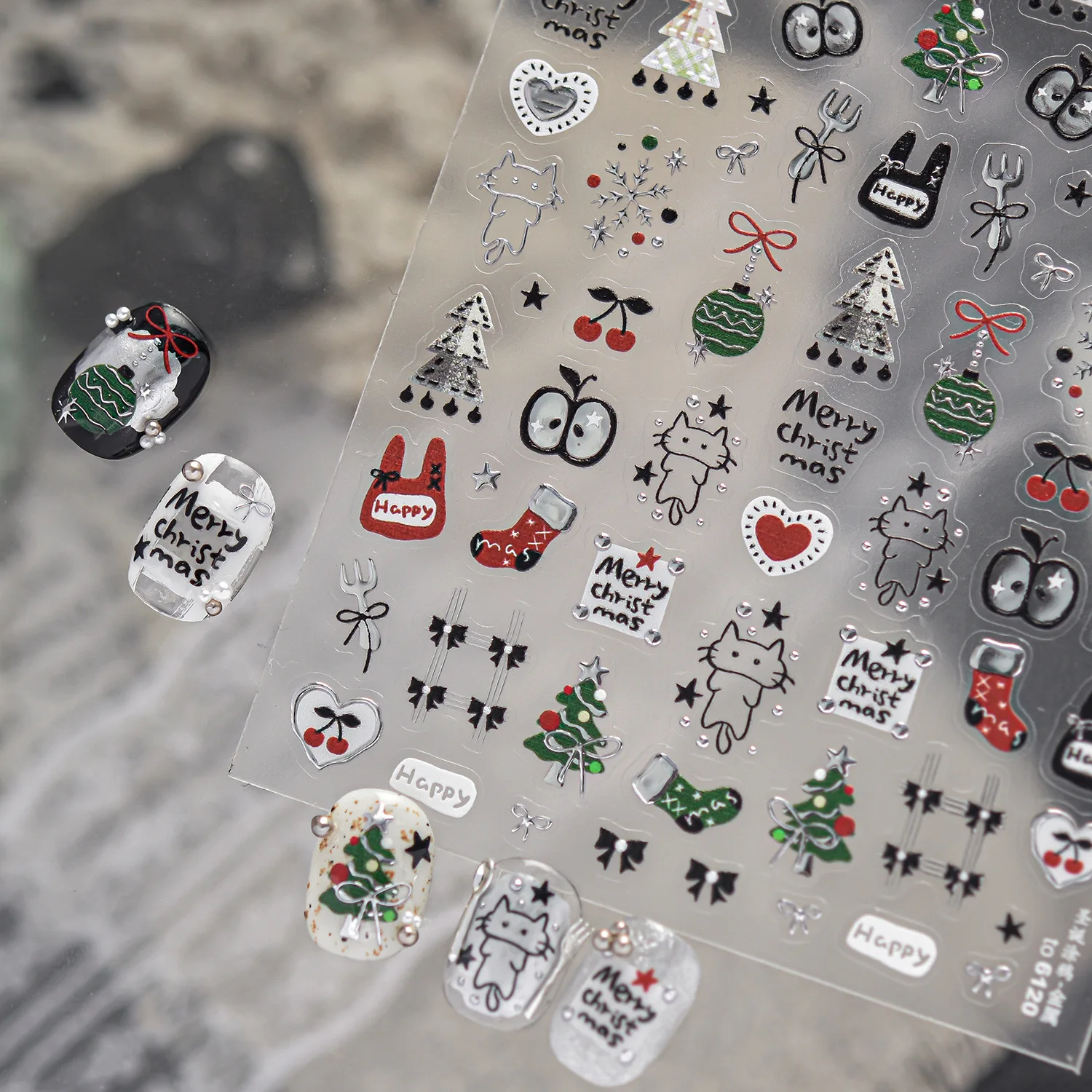 Festliche 5D Weihnachts-Nagelkunst-Aufkleber: Cartoon-Graffiti, Baum, Strumpf, Kugel, Apfel, Kirschschneide, Niedliche Katze, Hase, Schleife, Schneeflocke