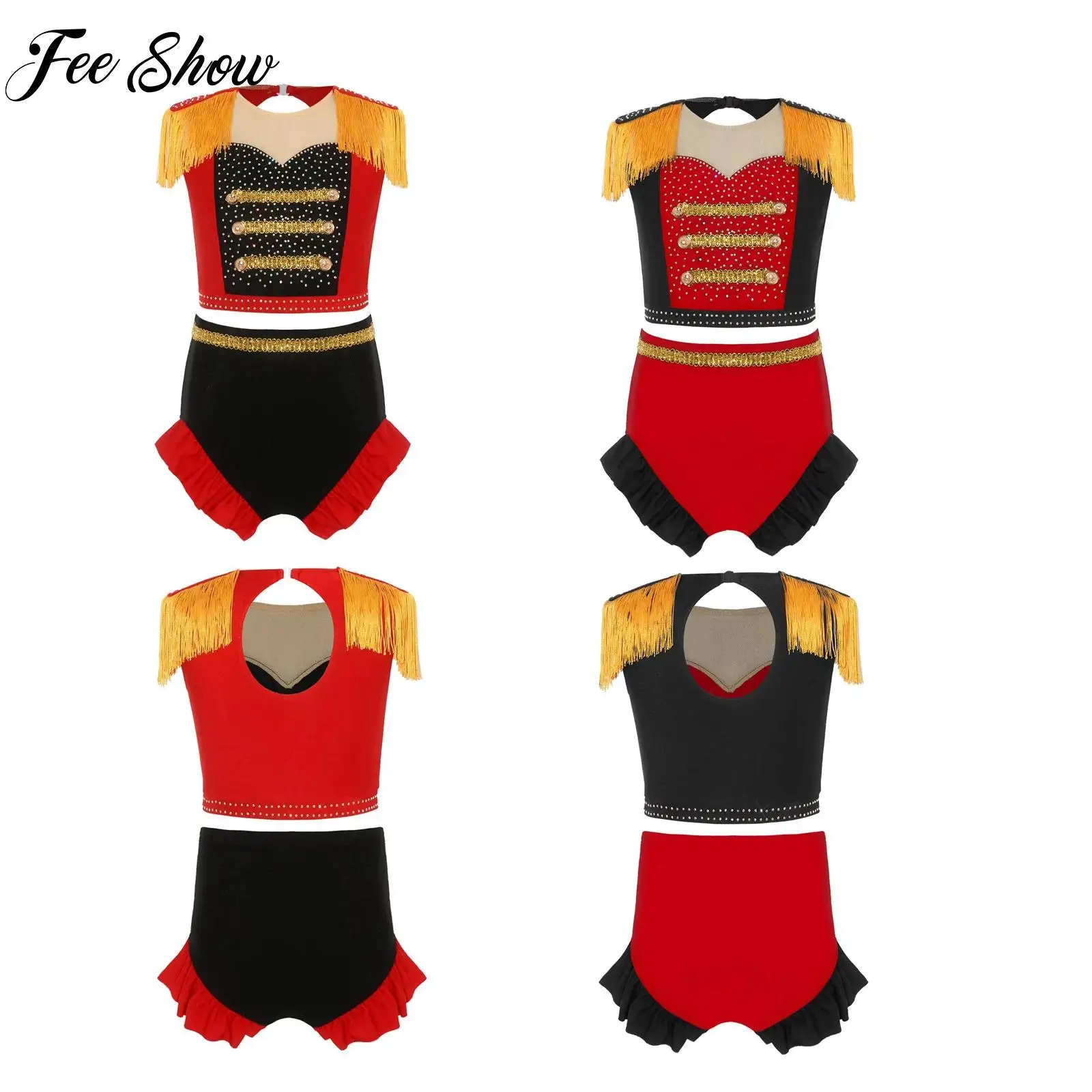 Kids Girls Drum Majorette Costume Festival Halloween Marching Band Outfits Sleeveless Tassel Epaulet Crop Top And Ruffled Shorts