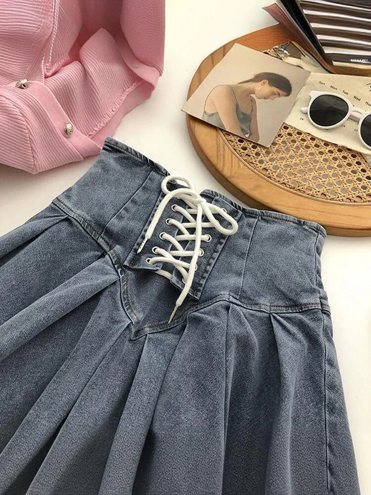 Jupe trapèze taille haute coréenne pour femmes, jupe ort plissée en Denim élastique avec bande à nouer croisée, nouvelle collection 2024