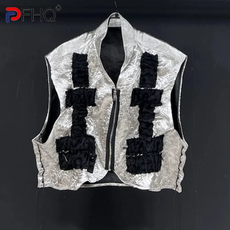 PFHQ Stand Up Collar Vest Spring Autumn 2024 New Loose Layered Short Contrast Color Sleeveless Casual Male Tops Fashion 21Z5139