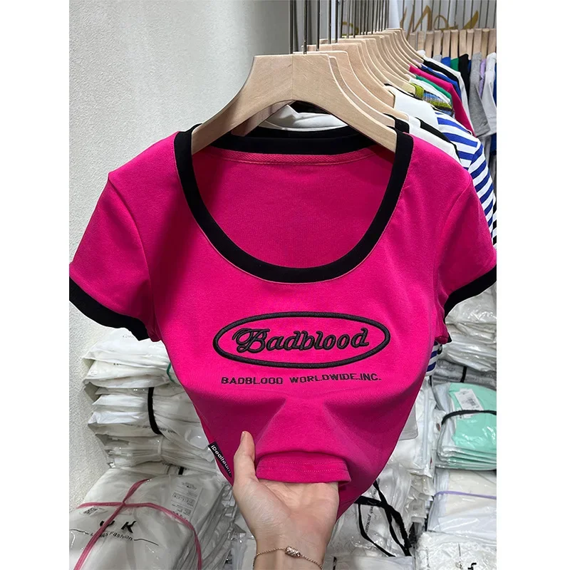 6 8 10 12 14 15 big Girls Short Sleeve T-shirt 2023 Summer Contrast Letter Printing Slim Fit Childrens Fashionable Short Top tee