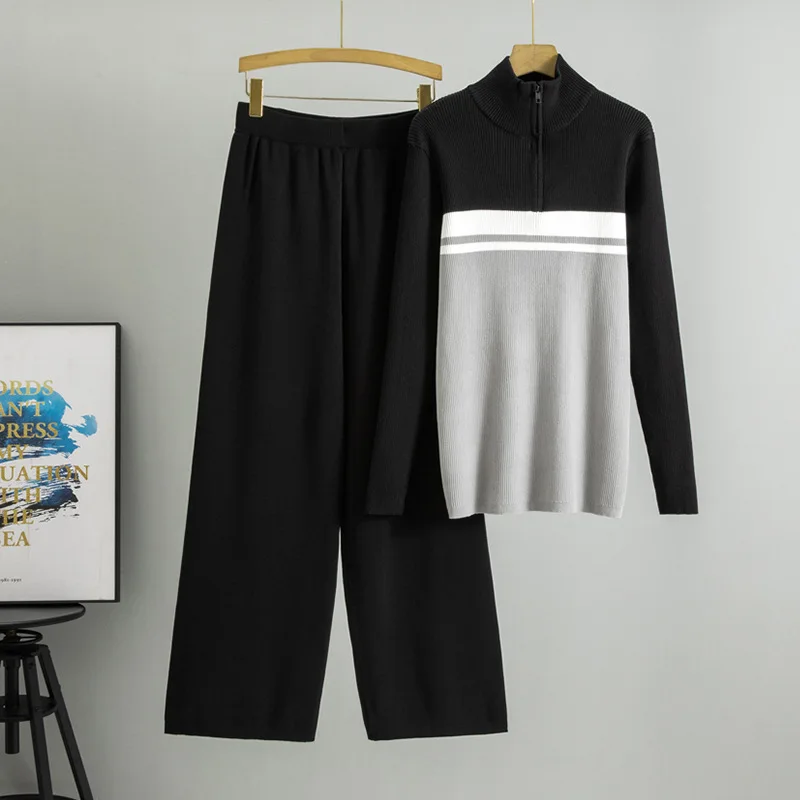 

Женский весенне-осенний корейский вязаный комплект из 2 предметов, женский повседневный пуловер на молнии, модные широкие брюки с высокой талией, новый B581