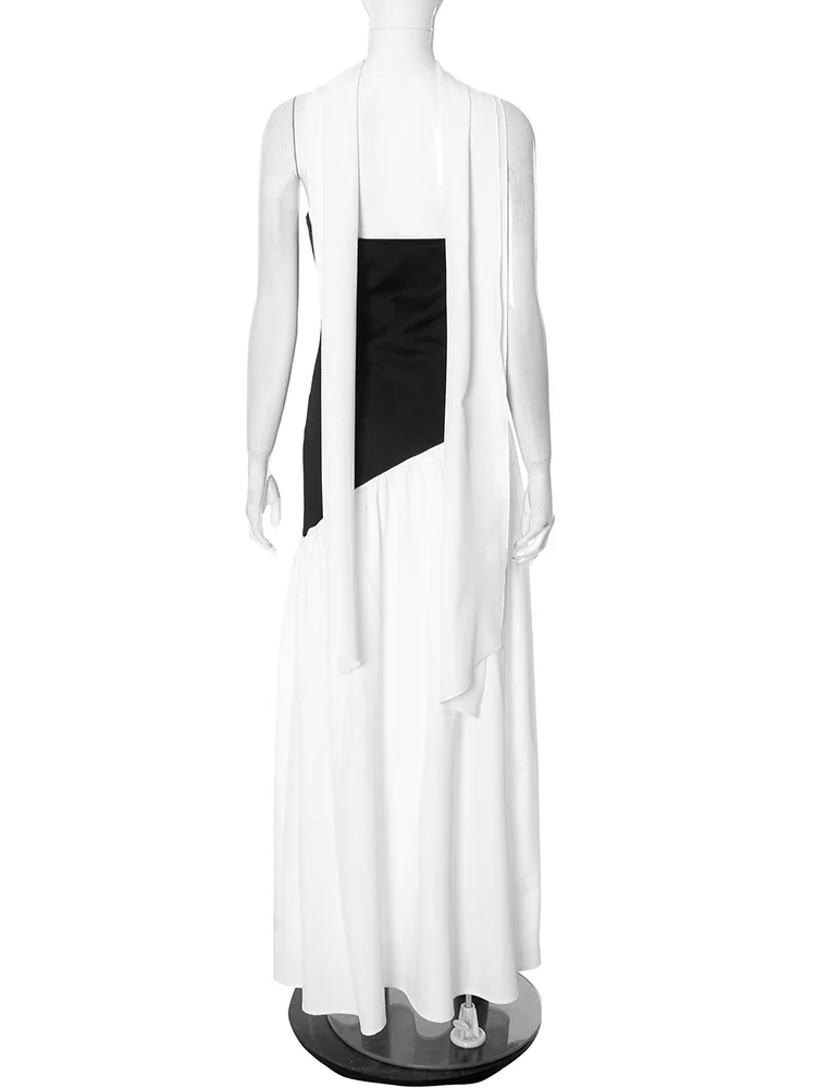Irregular Color Patchwork Strapless Maxi Party Dress with Scarf Women Elegant Backless High Split Long Robe Casual Streetwear