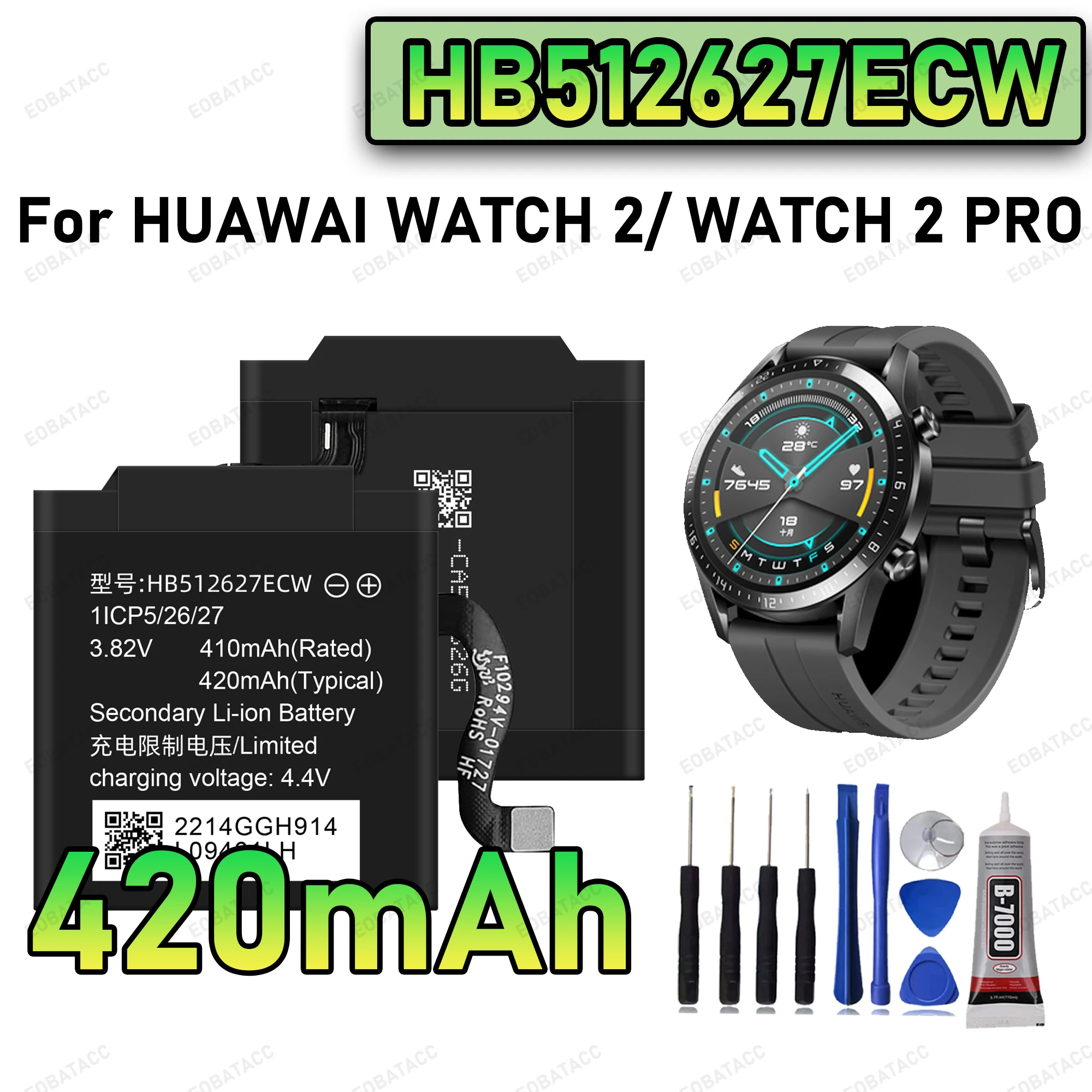 100% New Zero Cycle HB512627ECW Battery For Huawei Watch 2/Watch 2 PRO Smart Watch Bateria +Free Tools