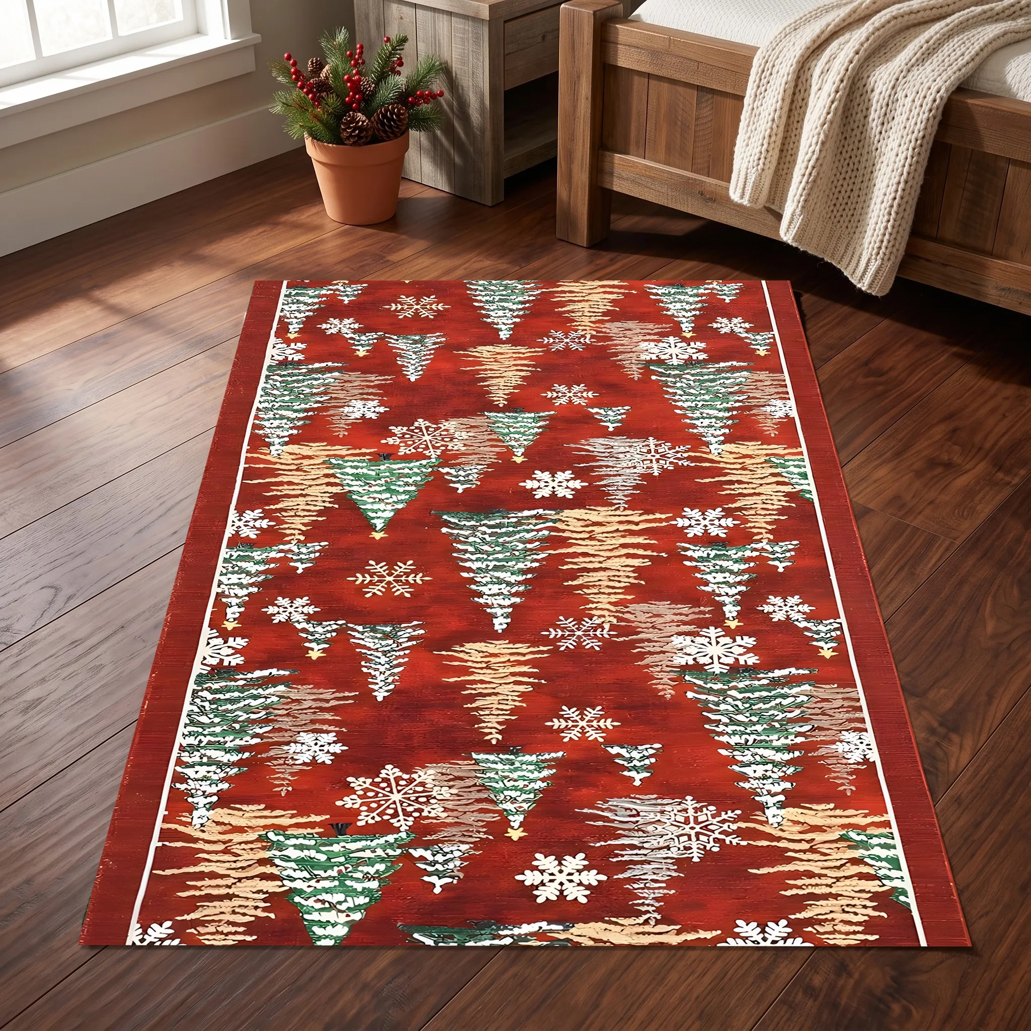 Red Pine Tree and Snowflake Retro-Style Christmas Velvet Rug, Suitable for Entryway, Living Room, and Bedroom; Perfect for Creating a Warm and Inviting Atmosphere in Autumn and Winter